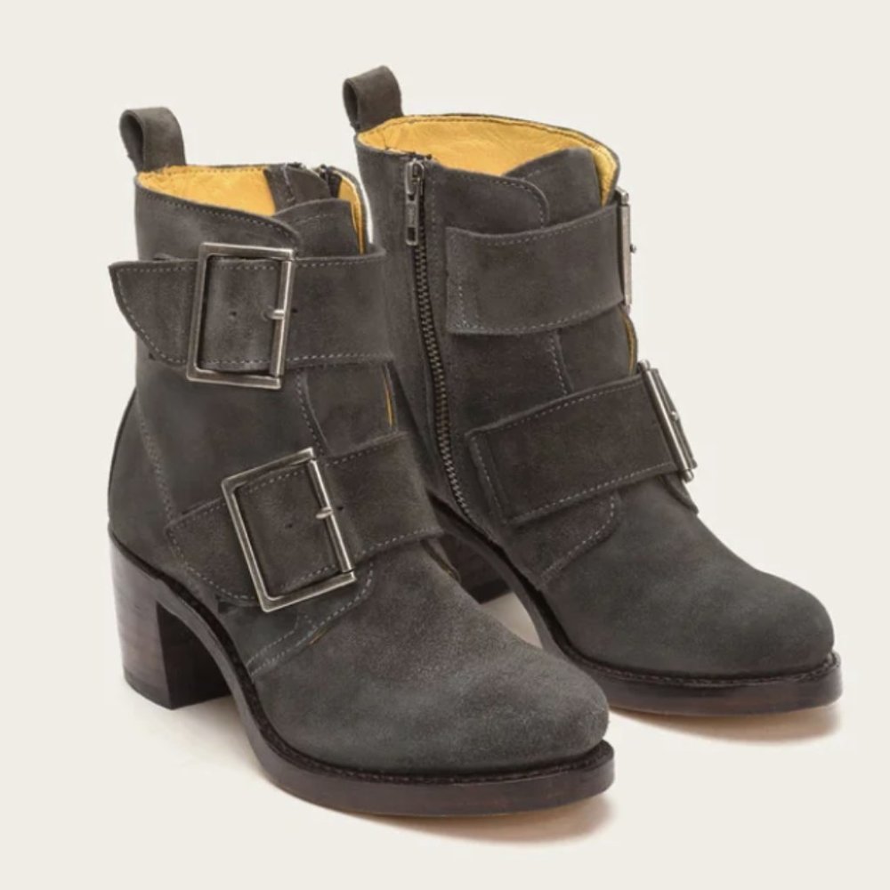 $399 Frye Sabrina Double Buckle Academia Grey Suede Leather Block Heel AnkleBoot - Picture 3 of 16